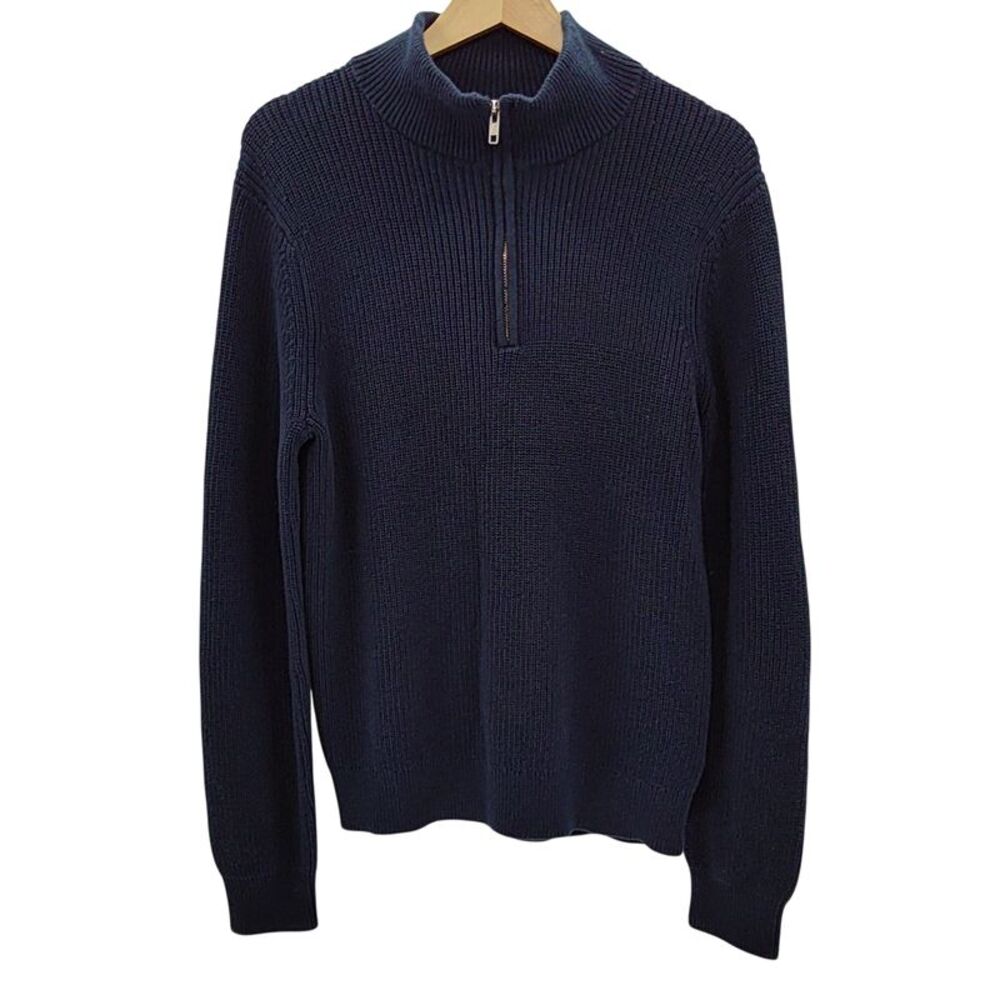 Quince Men 100% Organic Cotton Ribbed Quarter-Zip Sweater Navy Sleeved Top S